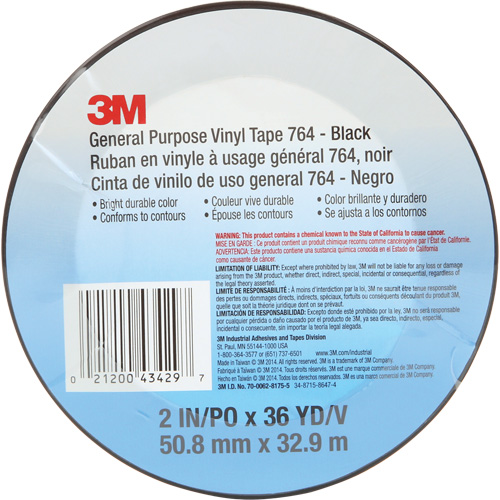 Ruban en vinyle pour travaux g&eacute;n&eacute;raux 764, 50,8 mm (2") la x 32,9 m (108') lo, 5 mils, Noir Les Fournitures Industrielles Méga