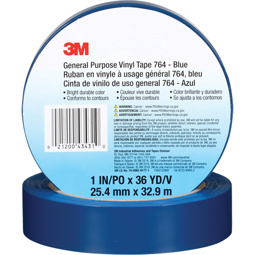 764 General-Purpose Vinyl Tape, 25.4 mm (1") W x 32.9 m (108') L, 5 mils, Blue Les Fournitures Industrielles Méga