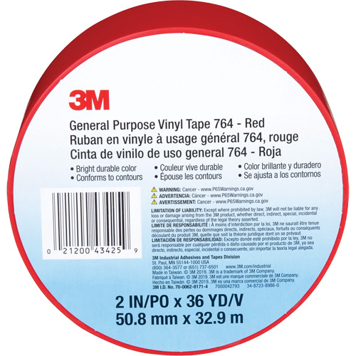 Ruban en vinyle pour travaux g&eacute;n&eacute;raux 764, 50,8 mm (2") la x 32,9 m (108') lo, 5 mils, Rouge Les Fournitures Industrielles Méga