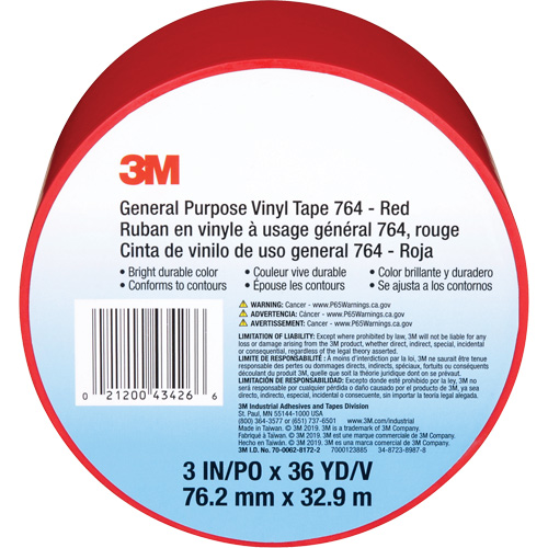 Ruban en vinyle pour travaux g&eacute;n&eacute;raux 764, 76 mm (3") la x 32,9 m (108') lo, 5 mils, Rouge Les Fournitures Industrielles Méga