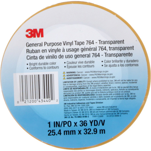 Ruban en vinyle pour travaux g&eacute;n&eacute;raux 764, 25,4 mm (1") la x 32,9 m (108') lo, 5 mils, Transparent Les Fournitures Industrielles Méga