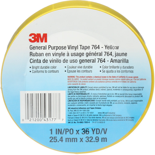 Ruban en vinyle pour travaux g&eacute;n&eacute;raux 764, 25,4 mm (1") la x 32,9 m (108') lo, 5 mils, Jaune Les Fournitures Industrielles Méga