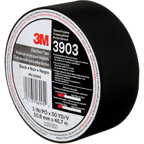 Rubans adh&eacute;sifs en vinyle 3903, 48 mm (2") la x 45 m (148') lo, 6,5 mils, Noir Les Fournitures Industrielles Méga