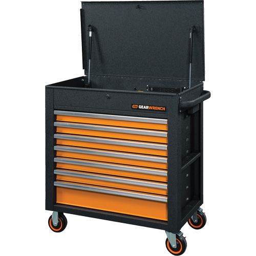 Chariot &agrave; outils s&eacute;rie GSX avec dessus inclin&eacute;, 7 tiroirs, 35" lo x 20" la x 39" h, Noir/Orange Les Fournitures Industrielles Méga