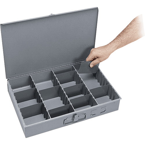 Adjustable Compartment Boxes, Steel, Variable Slots, 18" W x 12" D x 3" H, Grey Les Fournitures Industrielles Méga
