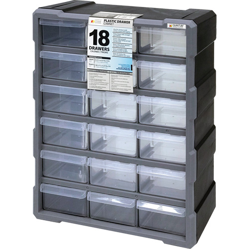 Drawer Cabinet, Plastic, 18 Drawers, 15" x 6-1/4" x 18-3/4", Black Les Fournitures Industrielles Méga
