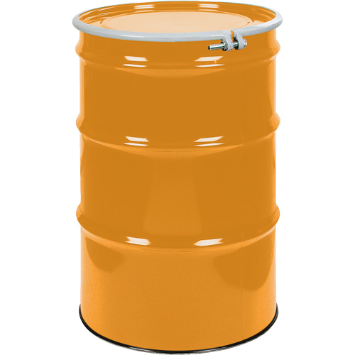 Barils en acier, 55 gal. US (45 gal. imp.), Non doubl&eacute;, Orange, Dessus ouvert, UN1A2/Y1.5/150, Calibre 16 Les Fournitures Industrielles Méga