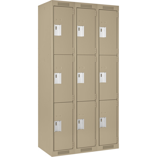 Clean Line Lockers, 3 -tier, Bank of 3, 36" x 18" x 72", Steel, Beige, Rivet (Assembled) Les Fournitures Industrielles Méga