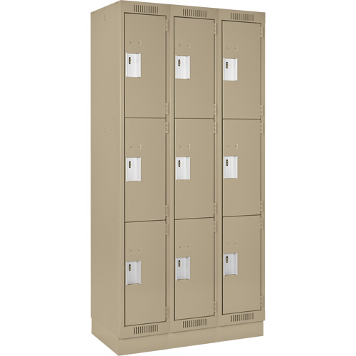 Clean Line Lockers, 3 -tier, Bank of 3, 36" x 18" x 76", Steel, Beige, Rivet (Assembled) Les Fournitures Industrielles Méga