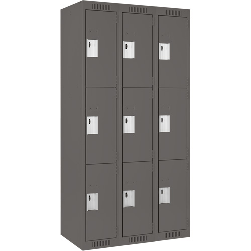 Clean Line Lockers, 3 -tier, Bank of 3, 36" x 18" x 72", Steel, Charcoal, Rivet (Assembled) Les Fournitures Industrielles Méga