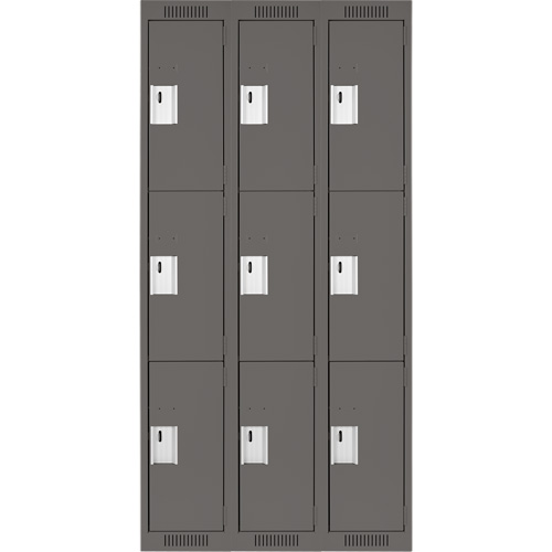 Clean Line Lockers, 3 -tier, Bank of 3, 36" x 18" x 72", Steel, Charcoal, Rivet (Assembled) Les Fournitures Industrielles Méga