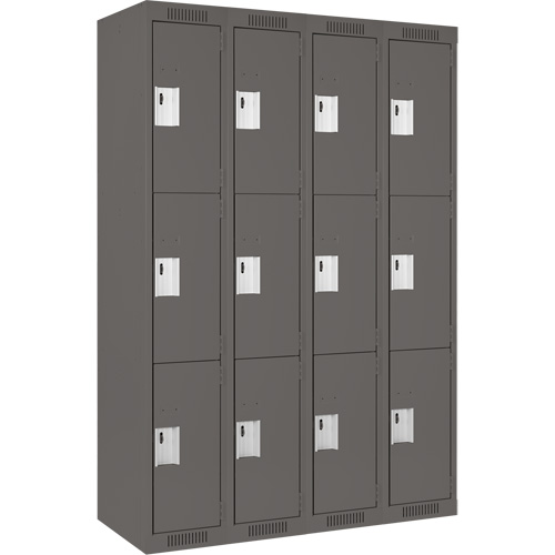 Clean Line Lockers, 3 -tier, Bank of 4, 48" x 18" x 72", Steel, Charcoal, Rivet (Assembled) Les Fournitures Industrielles Méga