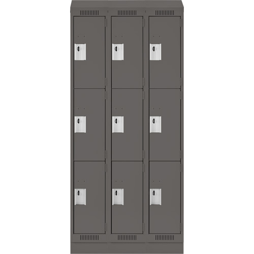 Clean Line Lockers, 3 -tier, Bank of 3, 36" x 18" x 82", Steel, Charcoal, Rivet (Assembled) Les Fournitures Industrielles Méga