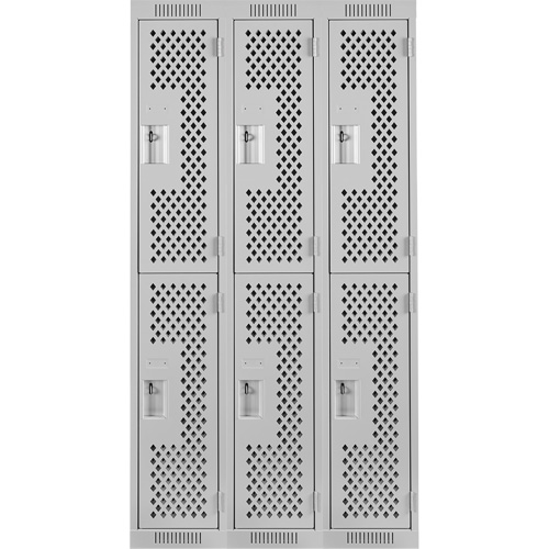 Clean Line Lockers, 2 -tier, Bank of 3, 36" x 15" x 72", Steel, Grey, Rivet (Assembled), Perforated Les Fournitures Industrielles Méga