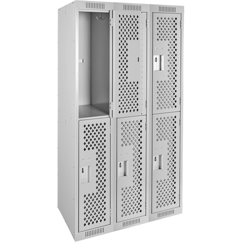 Clean Line Lockers, 2 -tier, Bank of 3, 36" x 15" x 72", Steel, Grey, Rivet (Assembled), Perforated Les Fournitures Industrielles Méga