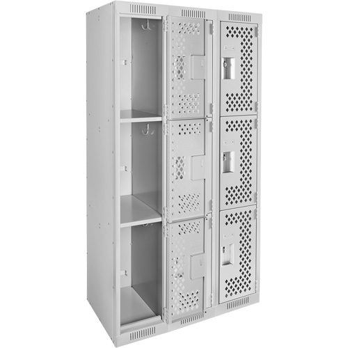 Clean Line Lockers, 3 -tier, Bank of 3, 36" x 12" x 72", Steel, Grey, Rivet (Assembled), Perforated Les Fournitures Industrielles Méga