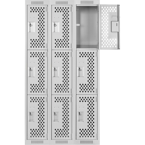 Clean Line Lockers, 3 -tier, Bank of 3, 36" x 12" x 72", Steel, Grey, Rivet (Assembled), Perforated Les Fournitures Industrielles Méga