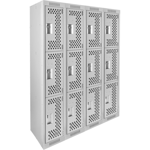 Clean Line Lockers, 3 -tier, Bank of 4, 48" x 12" x 72", Steel, Grey, Rivet (Assembled), Perforated Les Fournitures Industrielles Méga