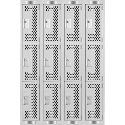 Clean Line Lockers, 3 -tier, Bank of 4, 48" x 12" x 72", Steel, Grey, Rivet (Assembled), Perforated Les Fournitures Industrielles Méga