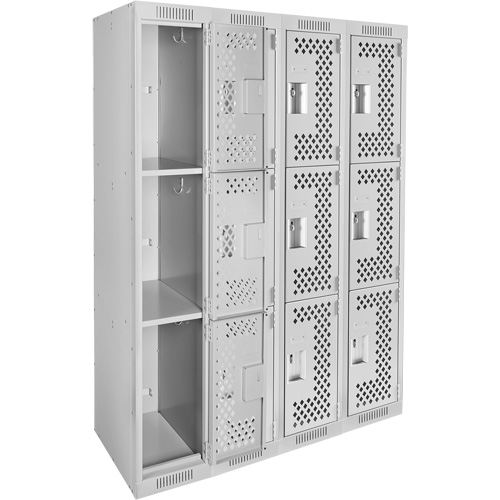 Clean Line Lockers, 3 -tier, Bank of 4, 48" x 12" x 72", Steel, Grey, Rivet (Assembled), Perforated Les Fournitures Industrielles Méga