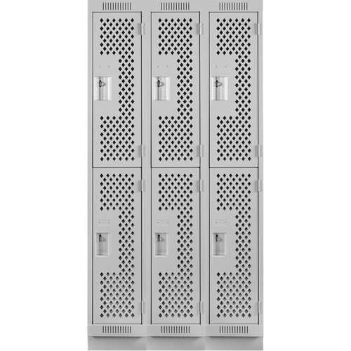 Clean Line Lockers, 2 -tier, Bank of 3, 36" x 15" x 76", Steel, Grey, Rivet (Assembled), Perforated Les Fournitures Industrielles Méga