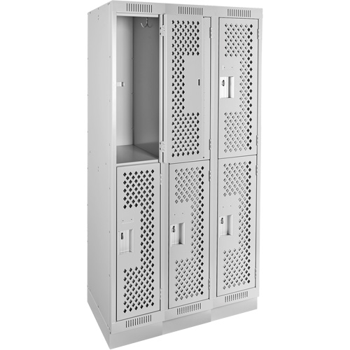 Clean Line Lockers, 2 -tier, Bank of 3, 36" x 15" x 76", Steel, Grey, Rivet (Assembled), Perforated Les Fournitures Industrielles Méga