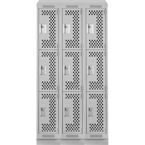 Clean Line Lockers, 3 -tier, Bank of 3, 36" x 15" x 82", Steel, Grey, Rivet (Assembled), Perforated Les Fournitures Industrielles Méga