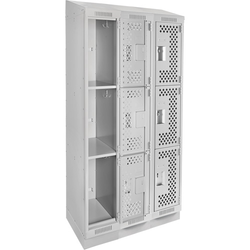 Clean Line Lockers, 3 -tier, Bank of 3, 36" x 15" x 82", Steel, Grey, Rivet (Assembled), Perforated Les Fournitures Industrielles Méga