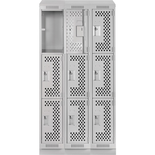 Clean Line Lockers, 3 -tier, Bank of 3, 36" x 15" x 82", Steel, Grey, Rivet (Assembled), Perforated Les Fournitures Industrielles Méga