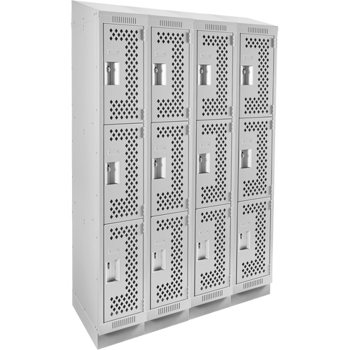 Clean Line Lockers, 3 -tier, Bank of 4, 48" x 15" x 82", Steel, Grey, Rivet (Assembled), Perforated Les Fournitures Industrielles Méga