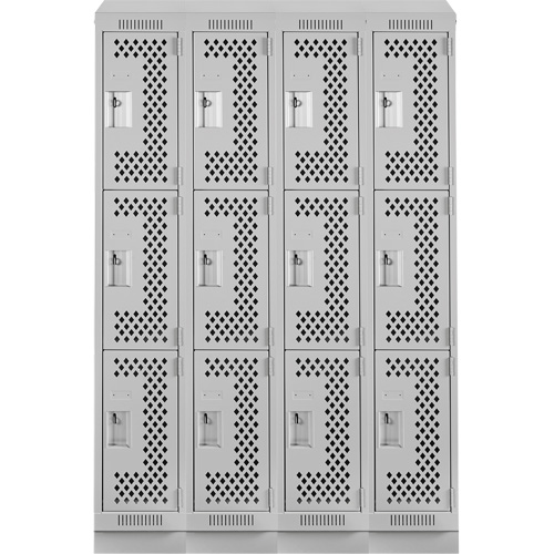 Clean Line Lockers, 3 -tier, Bank of 4, 48" x 15" x 82", Steel, Grey, Rivet (Assembled), Perforated Les Fournitures Industrielles Méga