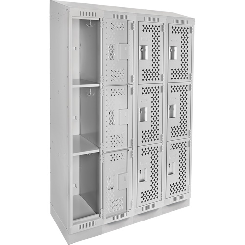 Clean Line Lockers, 3 -tier, Bank of 4, 48" x 15" x 82", Steel, Grey, Rivet (Assembled), Perforated Les Fournitures Industrielles Méga