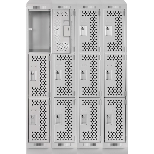 Clean Line Lockers, 3 -tier, Bank of 4, 48" x 15" x 82", Steel, Grey, Rivet (Assembled), Perforated Les Fournitures Industrielles Méga