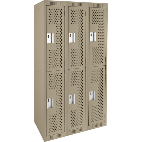Clean Line Lockers, 2 -tier, Bank of 3, 36" x 15" x 72", Steel, Beige, Rivet (Assembled), Perforated Les Fournitures Industrielles Méga