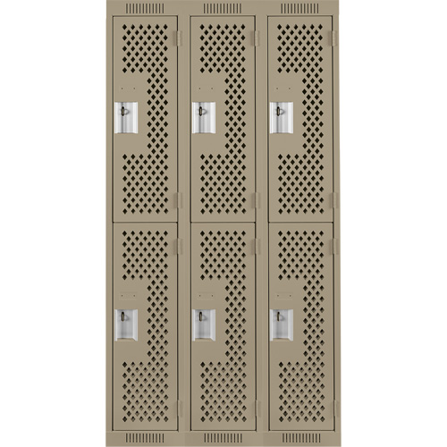 Clean Line Lockers, 2 -tier, Bank of 3, 36" x 15" x 72", Steel, Beige, Rivet (Assembled), Perforated Les Fournitures Industrielles Méga