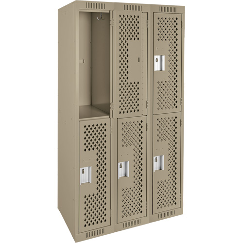 Clean Line Lockers, 2 -tier, Bank of 3, 36" x 15" x 72", Steel, Beige, Rivet (Assembled), Perforated Les Fournitures Industrielles Méga