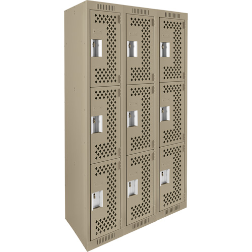 Clean Line Lockers, 3 -tier, Bank of 3, 36" x 12" x 72", Steel, Beige, Rivet (Assembled), Perforated Les Fournitures Industrielles Méga