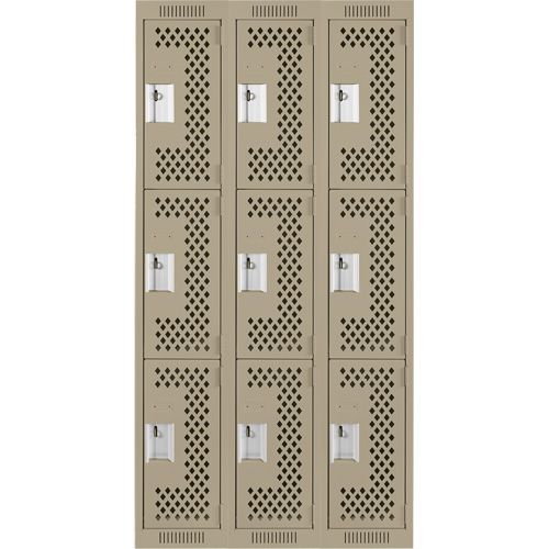 Clean Line Lockers, 3 -tier, Bank of 3, 36" x 12" x 72", Steel, Beige, Rivet (Assembled), Perforated Les Fournitures Industrielles Méga