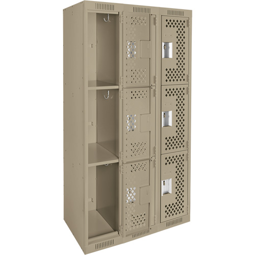 Clean Line Lockers, 3 -tier, Bank of 3, 36" x 12" x 72", Steel, Beige, Rivet (Assembled), Perforated Les Fournitures Industrielles Méga