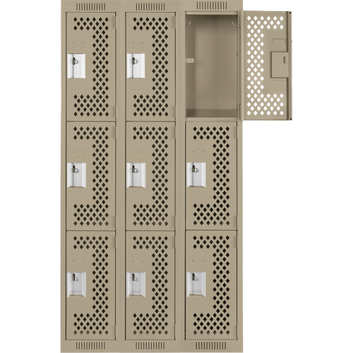 Clean Line Lockers, 3 -tier, Bank of 3, 36" x 12" x 72", Steel, Beige, Rivet (Assembled), Perforated Les Fournitures Industrielles Méga