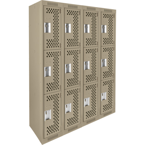 Clean Line Lockers, 3 -tier, Bank of 4, 48" x 12" x 72", Steel, Beige, Rivet (Assembled), Perforated Les Fournitures Industrielles Méga