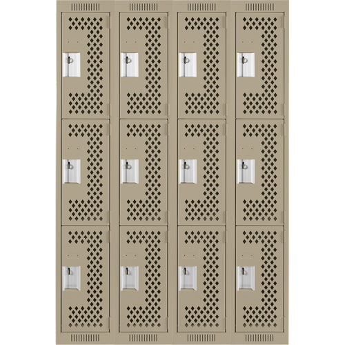 Clean Line Lockers, 3 -tier, Bank of 4, 48" x 12" x 72", Steel, Beige, Rivet (Assembled), Perforated Les Fournitures Industrielles Méga