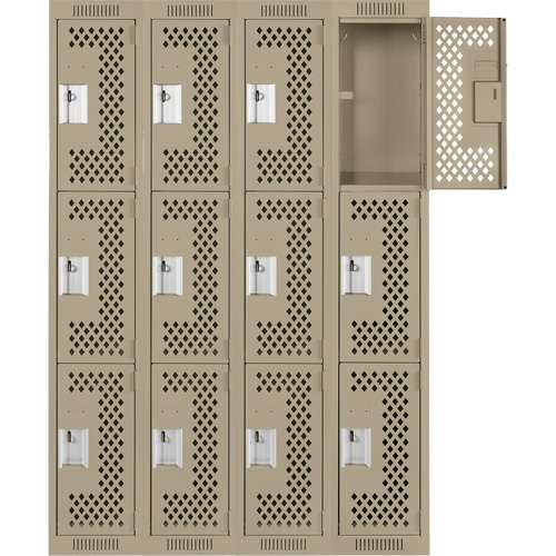 Clean Line Lockers, 3 -tier, Bank of 4, 48" x 12" x 72", Steel, Beige, Rivet (Assembled), Perforated Les Fournitures Industrielles Méga