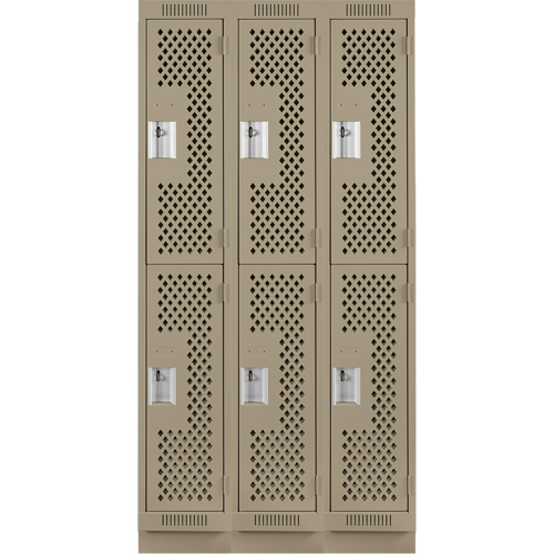 Clean Line Lockers, 2 -tier, Bank of 3, 36" x 15" x 76", Steel, Beige, Rivet (Assembled), Perforated Les Fournitures Industrielles Méga