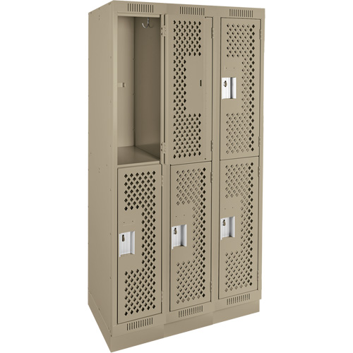 Clean Line Lockers, 2 -tier, Bank of 3, 36" x 15" x 76", Steel, Beige, Rivet (Assembled), Perforated Les Fournitures Industrielles Méga