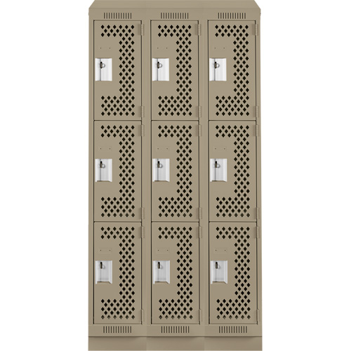 Clean Line Lockers, 3 -tier, Bank of 3, 36" x 15" x 82", Steel, Beige, Rivet (Assembled), Perforated Les Fournitures Industrielles Méga