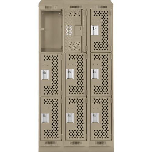 Clean Line Lockers, 3 -tier, Bank of 3, 36" x 15" x 82", Steel, Beige, Rivet (Assembled), Perforated Les Fournitures Industrielles Méga