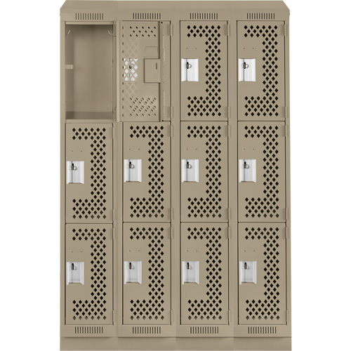 Clean Line Lockers, 3 -tier, Bank of 4, 48" x 15" x 82", Steel, Beige, Rivet (Assembled), Perforated Les Fournitures Industrielles Méga