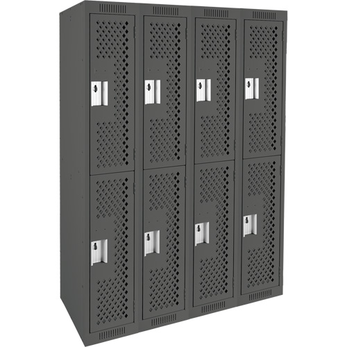 Clean Line Lockers, 2 -tier, Bank of 4, 48" x 15" x 72", Steel, Charcoal, Rivet (Assembled), Perforated Les Fournitures Industrielles Méga