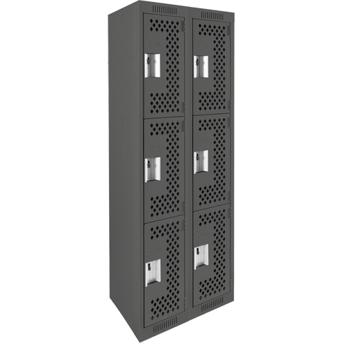 Clean Line Lockers, 3 -tier, Bank of 2, 24" x 12" x 72", Steel, Charcoal, Rivet (Assembled), Perforated Les Fournitures Industrielles Méga